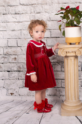 Beau Kid Traditional Girls Red Velvet Smocked Christmas Dress 112219 - 0-7y