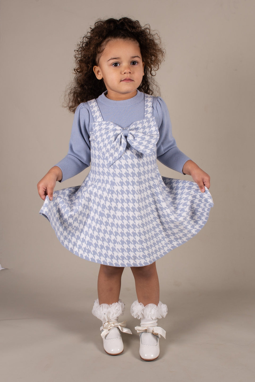 Beau Kid Girls Blue Houndstooth Bow Dress 115504