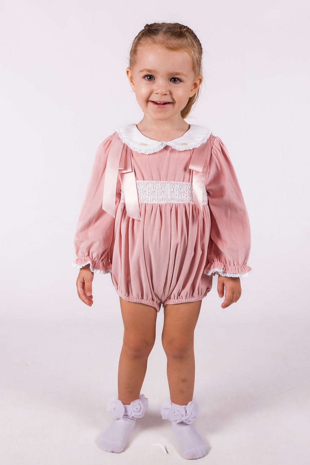 Beau Kid Traditional Baby Girls Pink Smocked Ribbon Romper 1720a