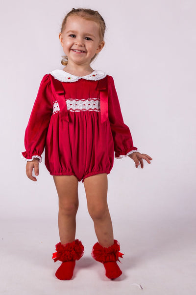 Beau Kid Traditional Baby Girls Red Smocked Ribbon Romper 1720b ~ IN STOCK NOW