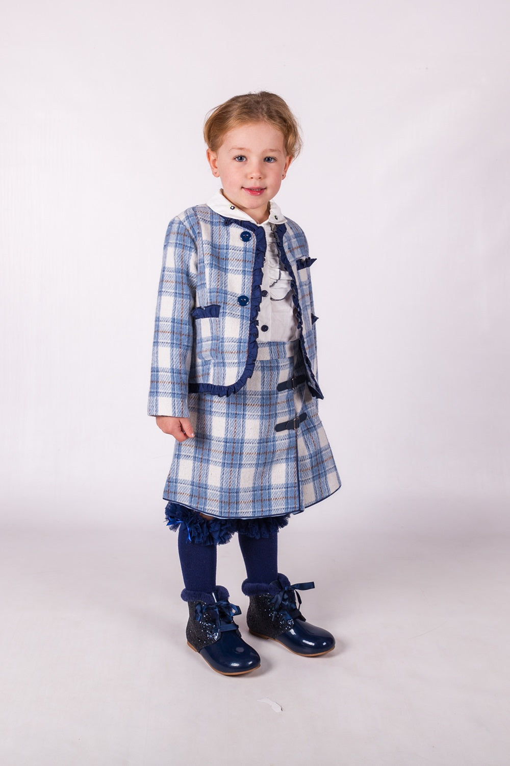 Beau Kid Traditional Girls Blue Check Skirt & Jacket Set 1744