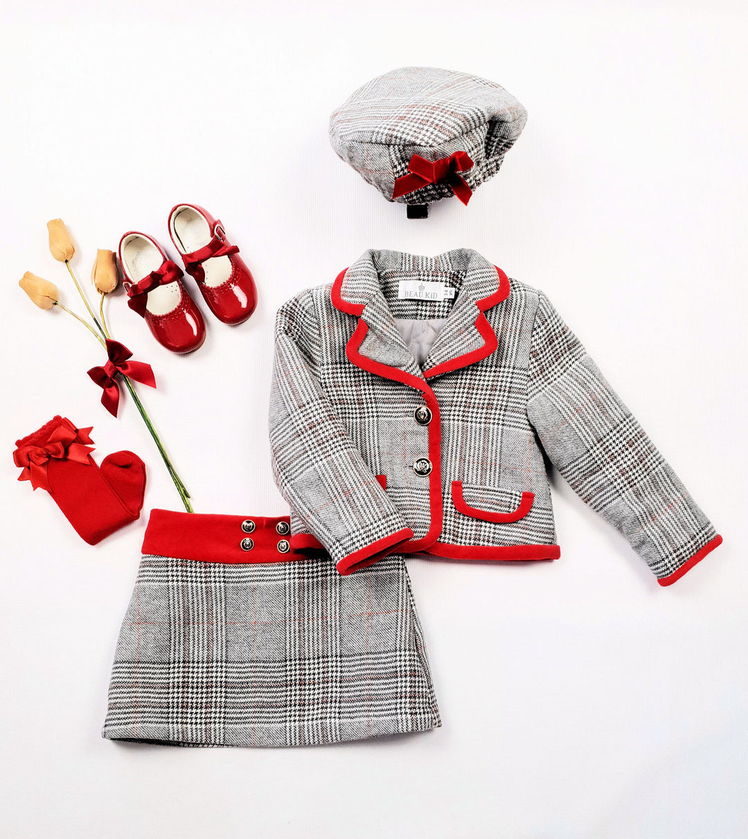 Beau Kid Girls Grey & Red Check Skirt 3pc Set