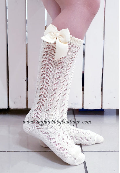 Condor Spanish Girls Cotton Openwork Knee High Bow Socks - WHITE 500