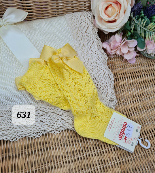 Condor Spanish Girls Cotton Openwork Knee High Bow Socks - LIMONCELLO 631