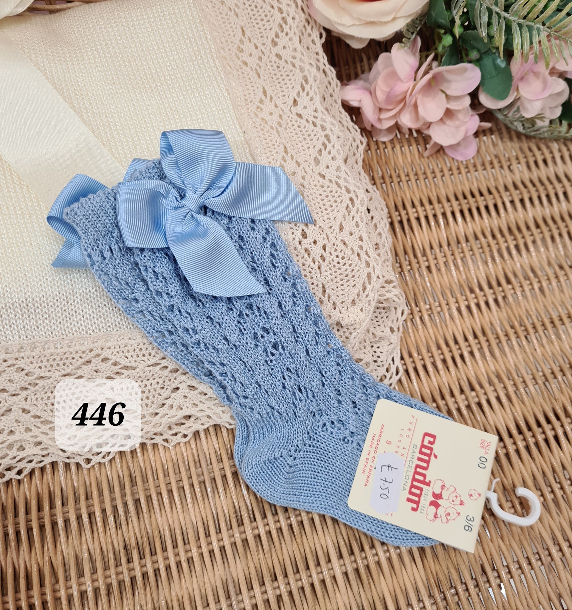 Condor Spanish Girls Cotton Openwork Knee High Bow Socks - BLUISH BLUE 446