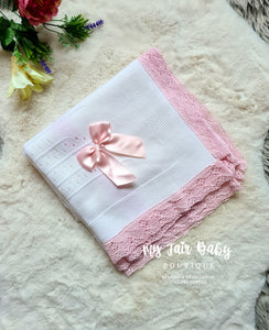 Spanish Baby Girls White & Pink Lace & Bow Shawl / Blanket