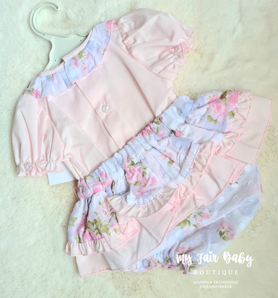 Wee Me Traditional Baby Girls Pink Rose Frilly Pant Set - 12m