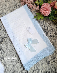 Spanish Baby Boys White & Blue Lace & Bow Shawl / Blanket