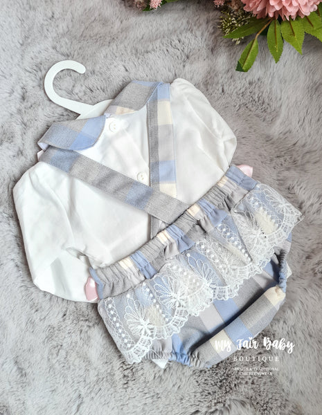 Spanish Baby Girls Blue & Grey Check Romper- 3-36m