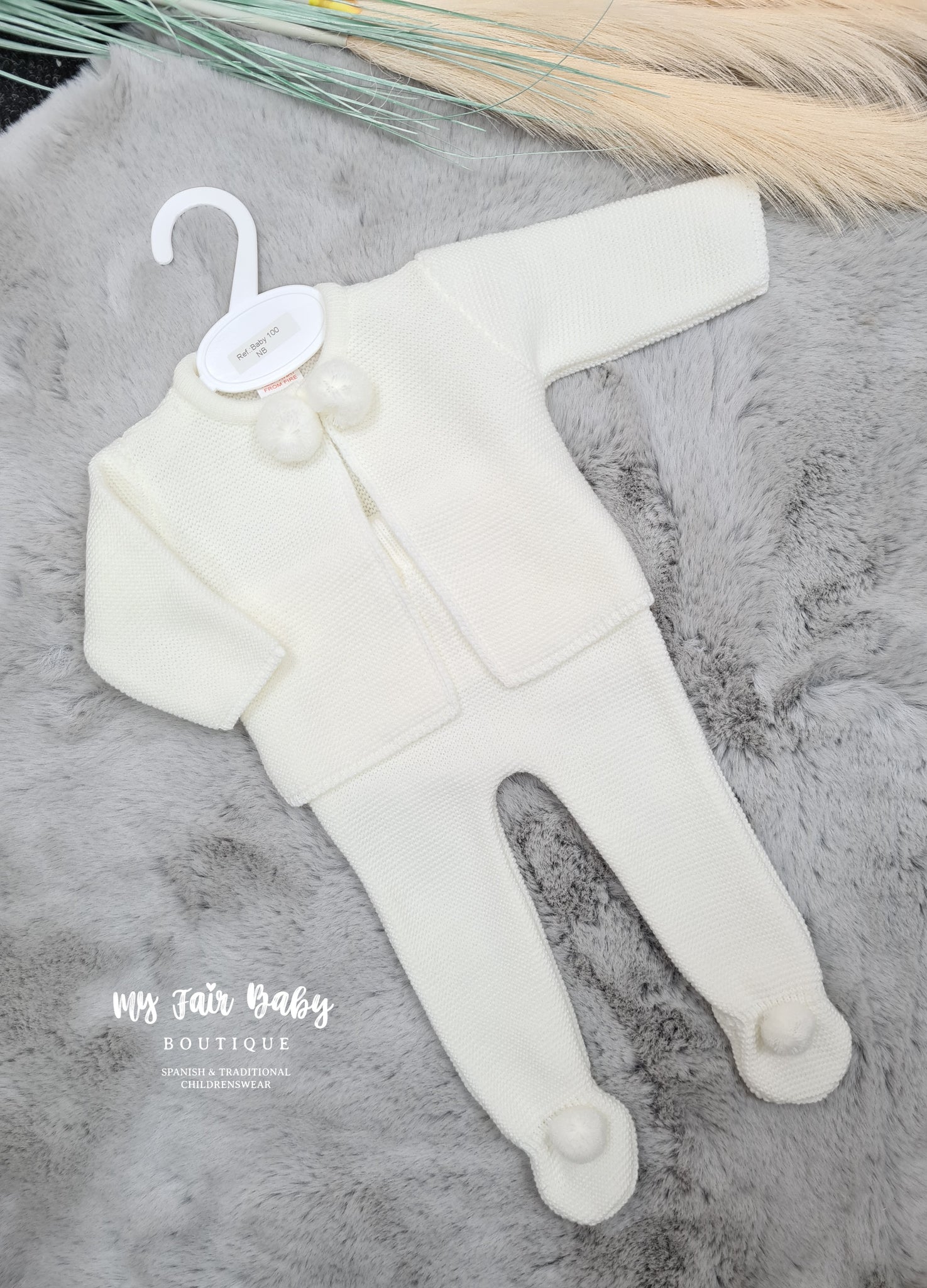 Spanish Unisex Baby White Knitted Pom Pom Trouser & Cardigan Set - NB-3M