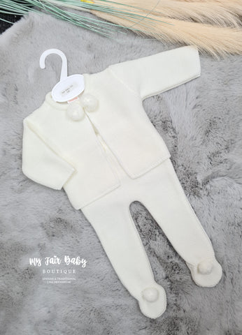 Spanish Unisex Baby White Knitted Pom Pom Trouser & Cardigan Set - NB-3M