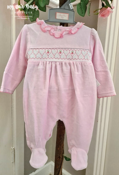 Traditional Baby Girls Pink Smocked Velour Sleepsuit/Babygrow ~ 0-6m