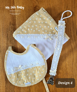 Spanish Baby Bib, Muslin Square & Dummy Clip Gift Set ~ Mustard