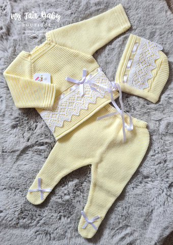 Traditional Spanish Baby Girls Lemon Knitted 3pc Set 1136