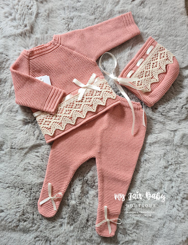Traditional Spanish Baby Girls Dusky Pink Knitted 3pc Set 1136 - Newborn