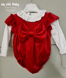 Traditional Baby Girls Red Velvet Bow Romper Set