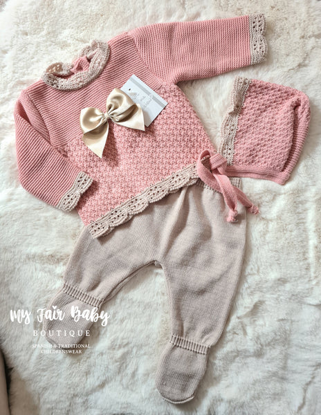 Spanish Baby Girls Rose & Beige Knitted 3pc Set - 0-3 months