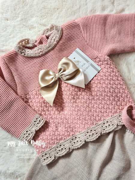 Spanish Baby Girls Rose & Beige Knitted 3pc Set - 0-3 months