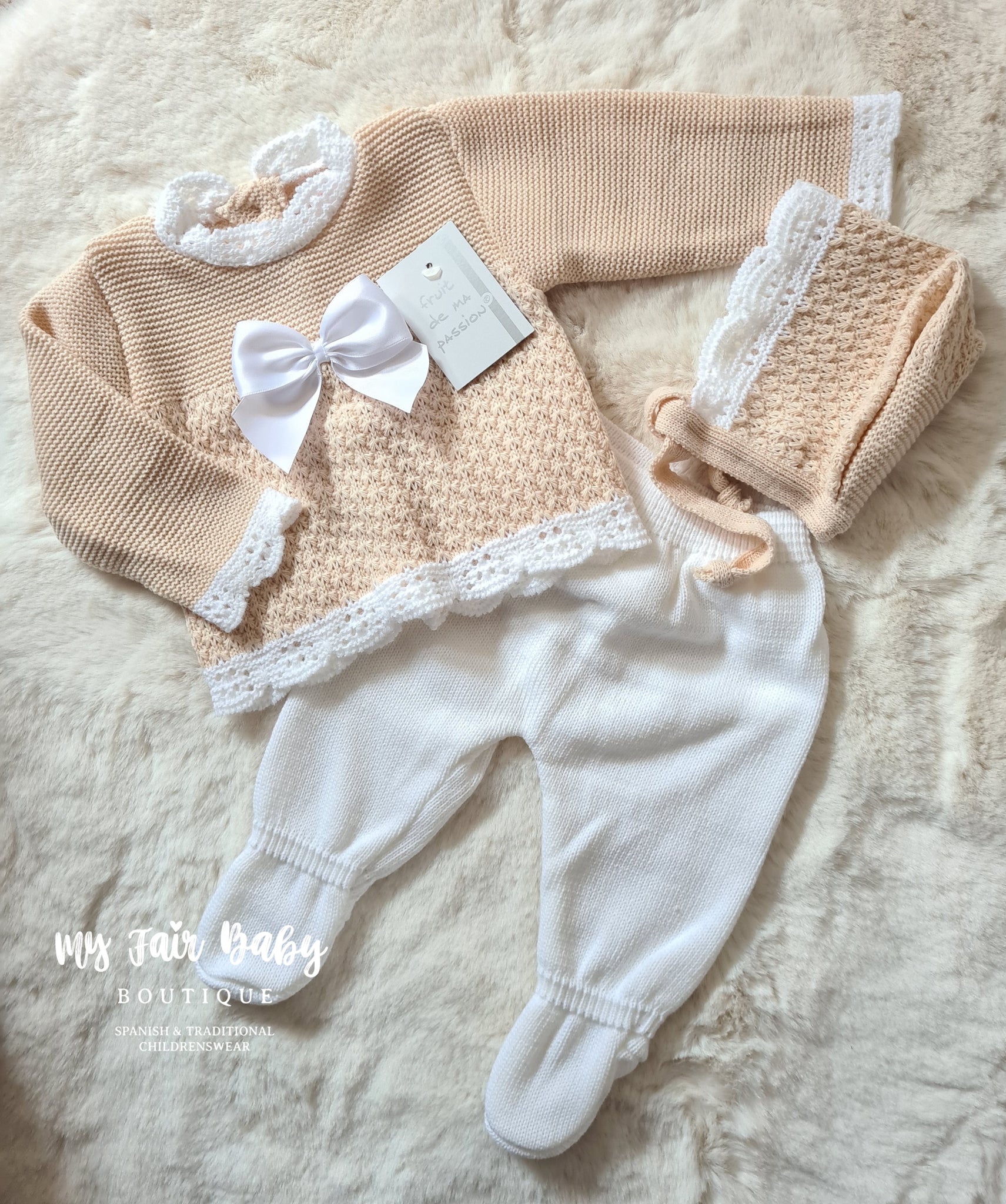 Spanish Baby Girls Beige Knitted 3pc Set - 0-3 months