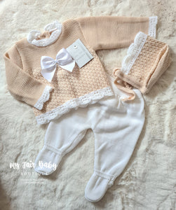 Spanish Baby Girls Beige Knitted 3pc Set - 0-3 months