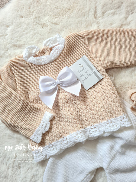 Spanish Baby Girls Beige Knitted 3pc Set - 0-3 months