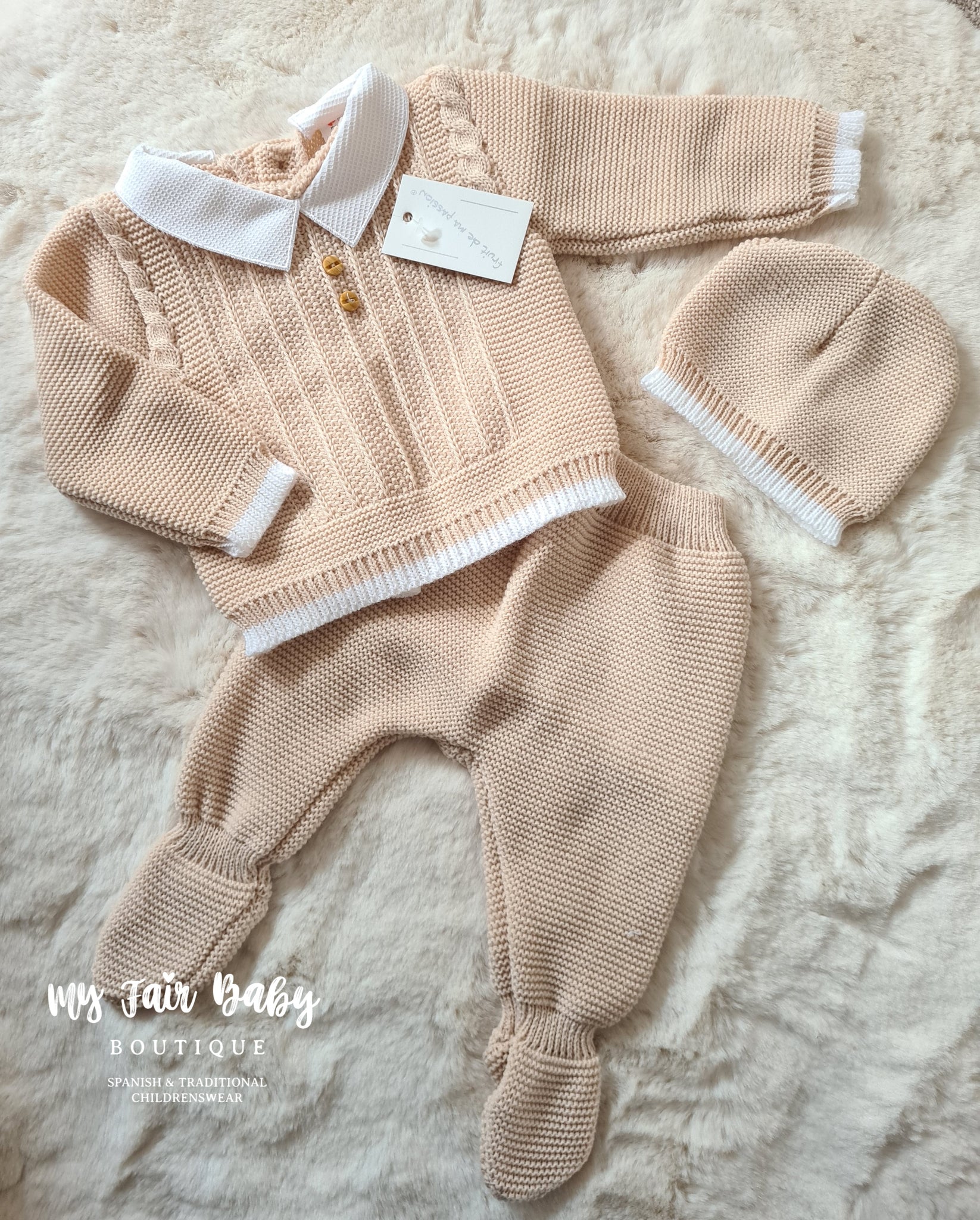 Spanish Baby Boys Beige Knitted 3pc Set - 0-3 months