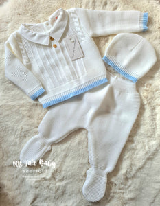 Spanish Baby Boys White & Blue Knitted 3pc Set - 0-3 months