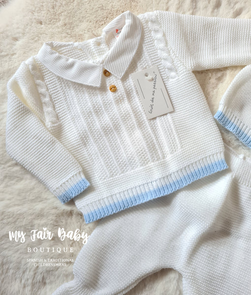 Spanish Baby Boys White & Blue Knitted 3pc Set - 0-3 months