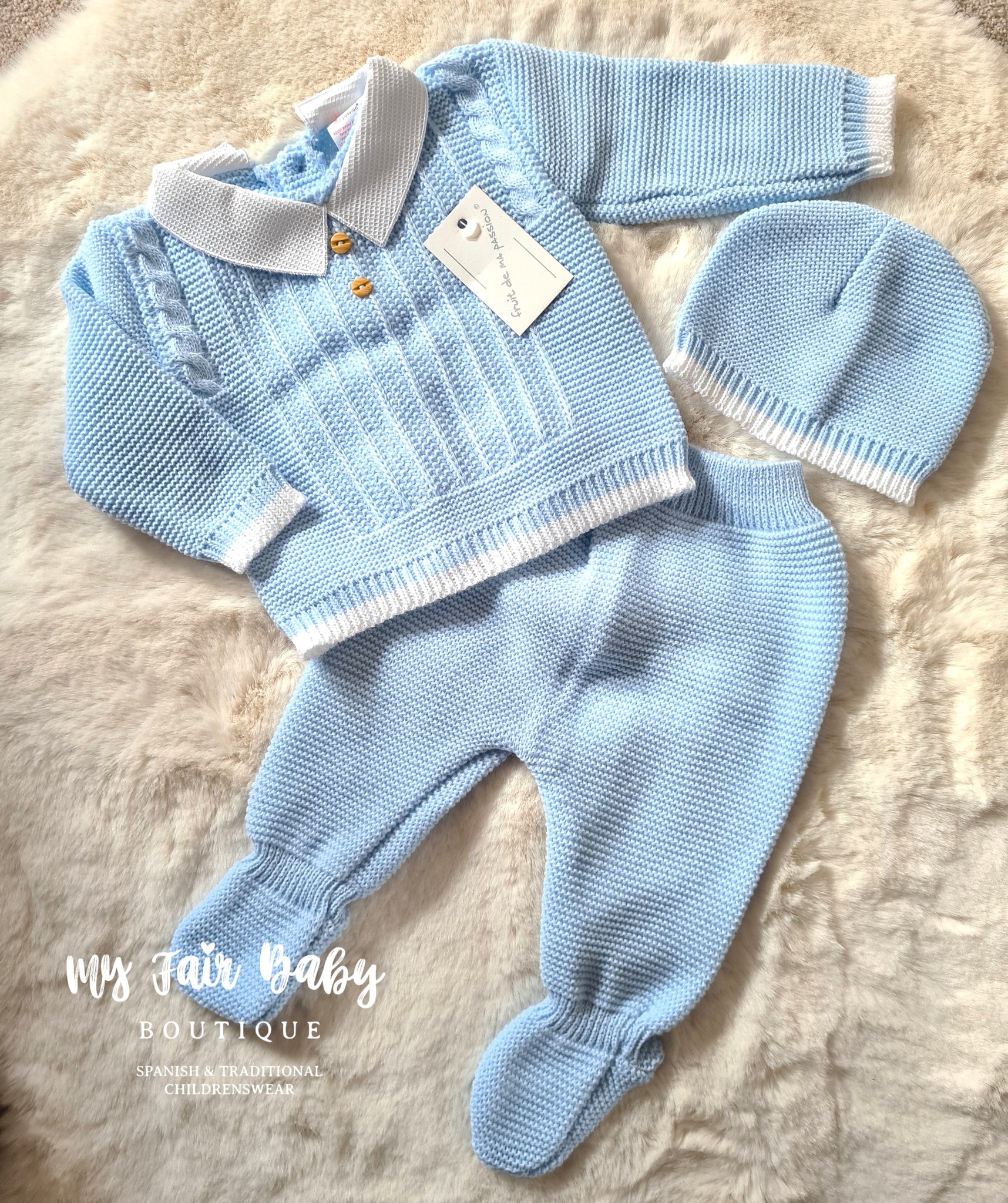 Spanish Baby Boys Blue Knitted 3pc Set - 0-3 months