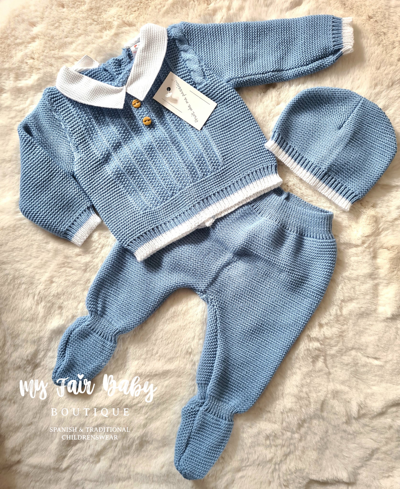 Spanish Baby Boys Cobalt Blue Knitted 3pc Set - 0-3 months