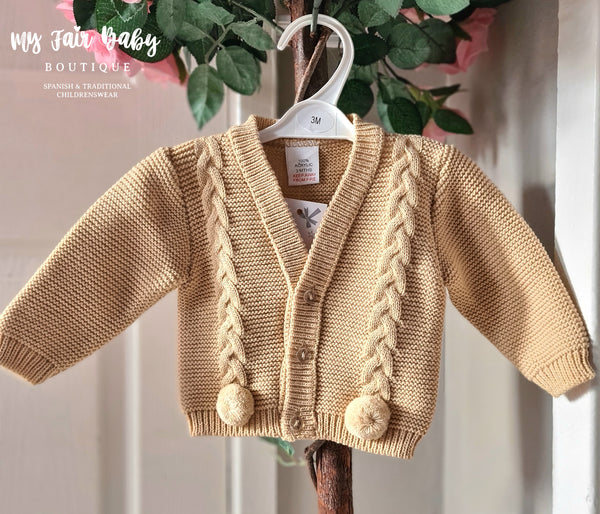 Traditional Baby Boys Camel Pom Pom Cardigan