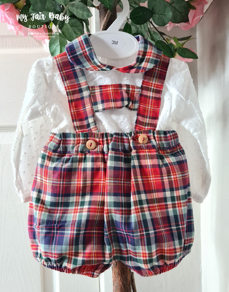 Spanish Baby Boys Red Tartan Dungarees 3pc Set - 3-12m