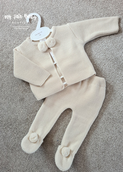 Spanish Unisex Baby Biscuit Knitted Pom Pom Trouser & Cardigan Set - NB-3M