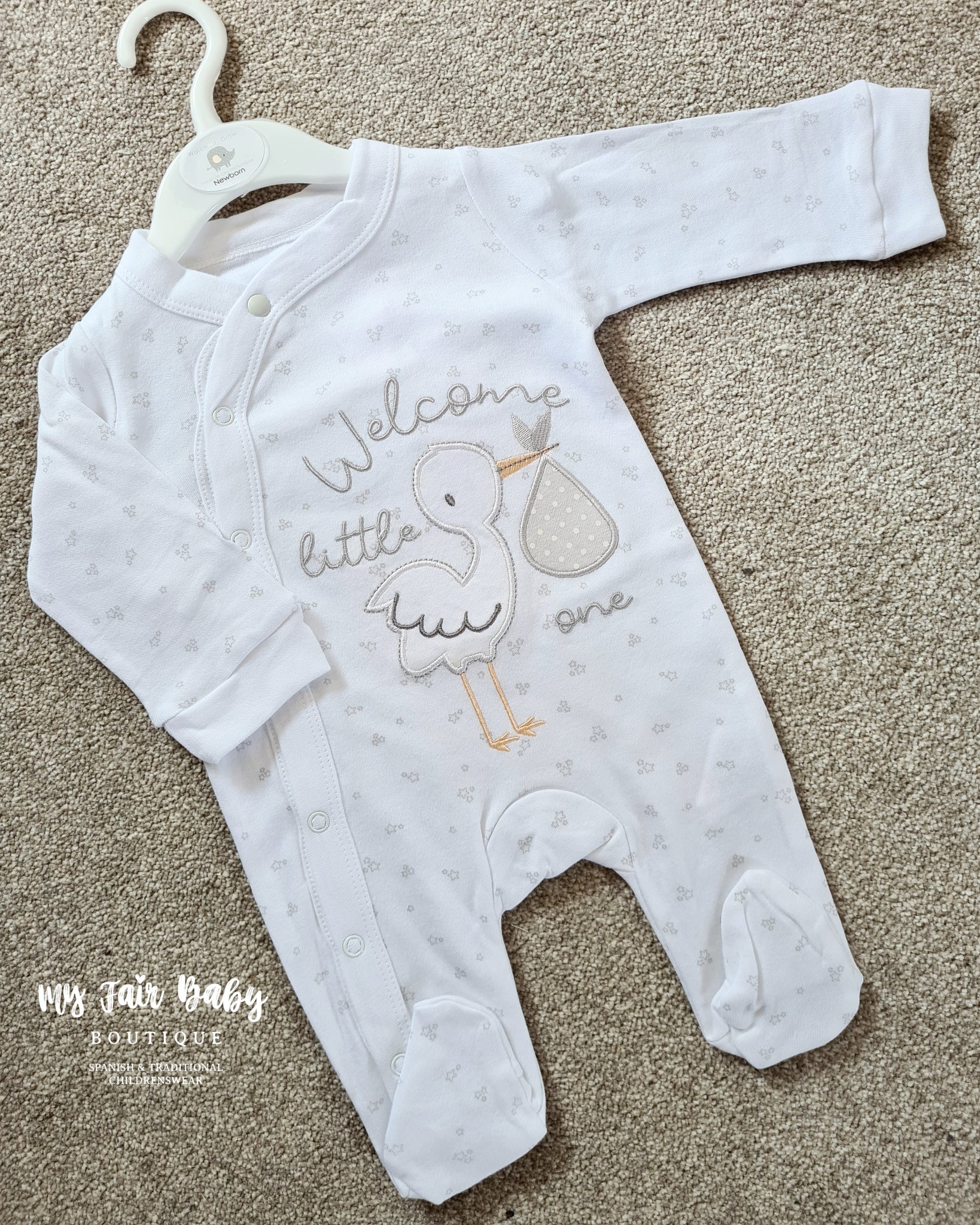 Traditional Unisex Baby White Stork Sleepsuit / Babygrow