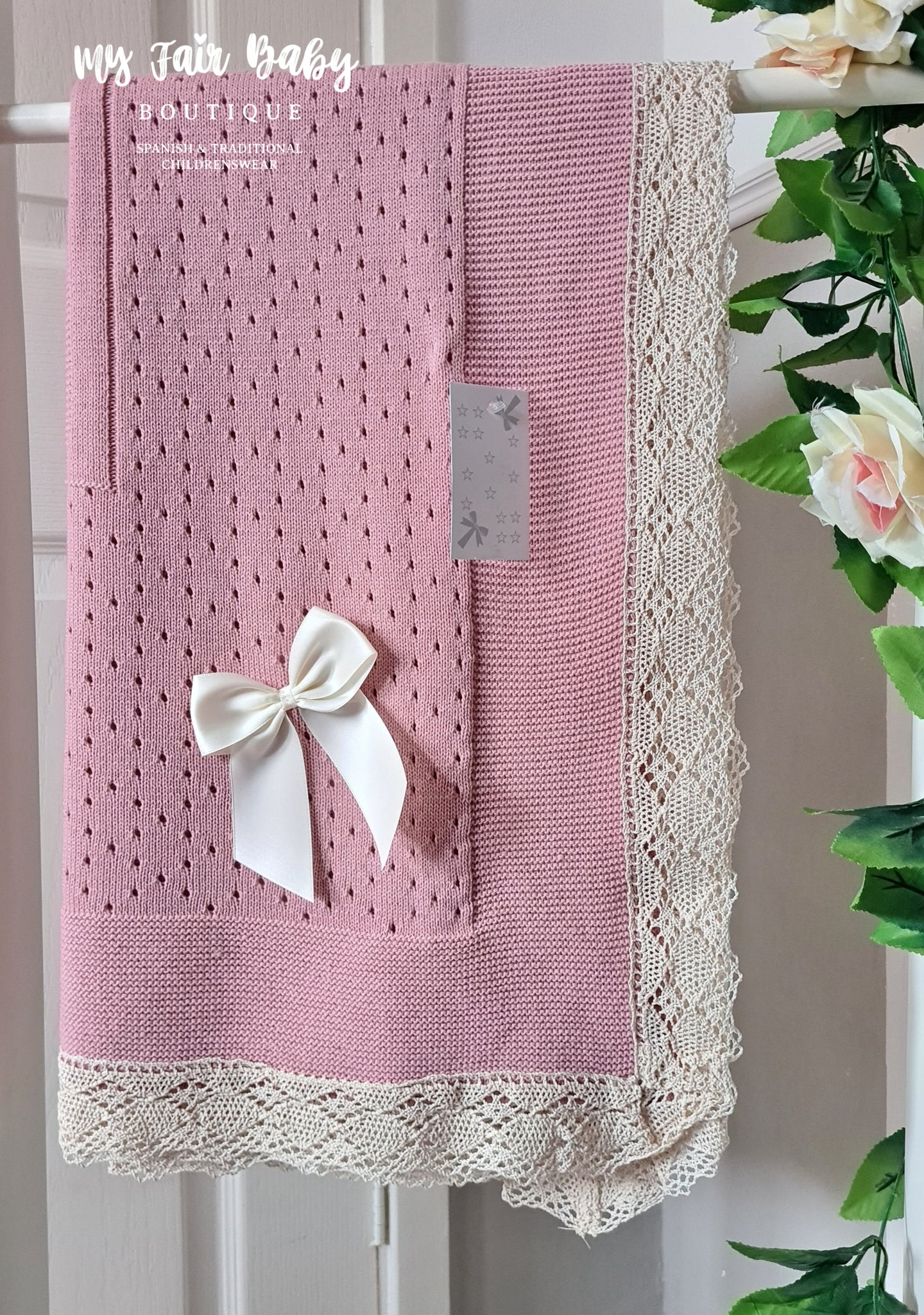 Spanish Baby Girls Dusky Pink Lace & Bow Shawl / Blanket