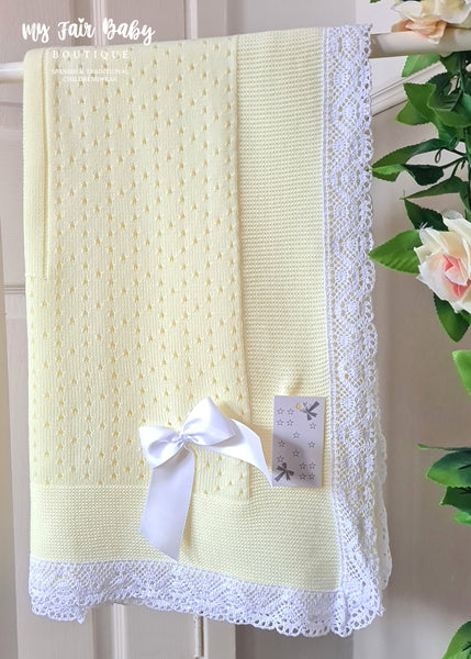 Spanish Unisex Baby Lemon & White Lace & Bow Shawl / Blanket