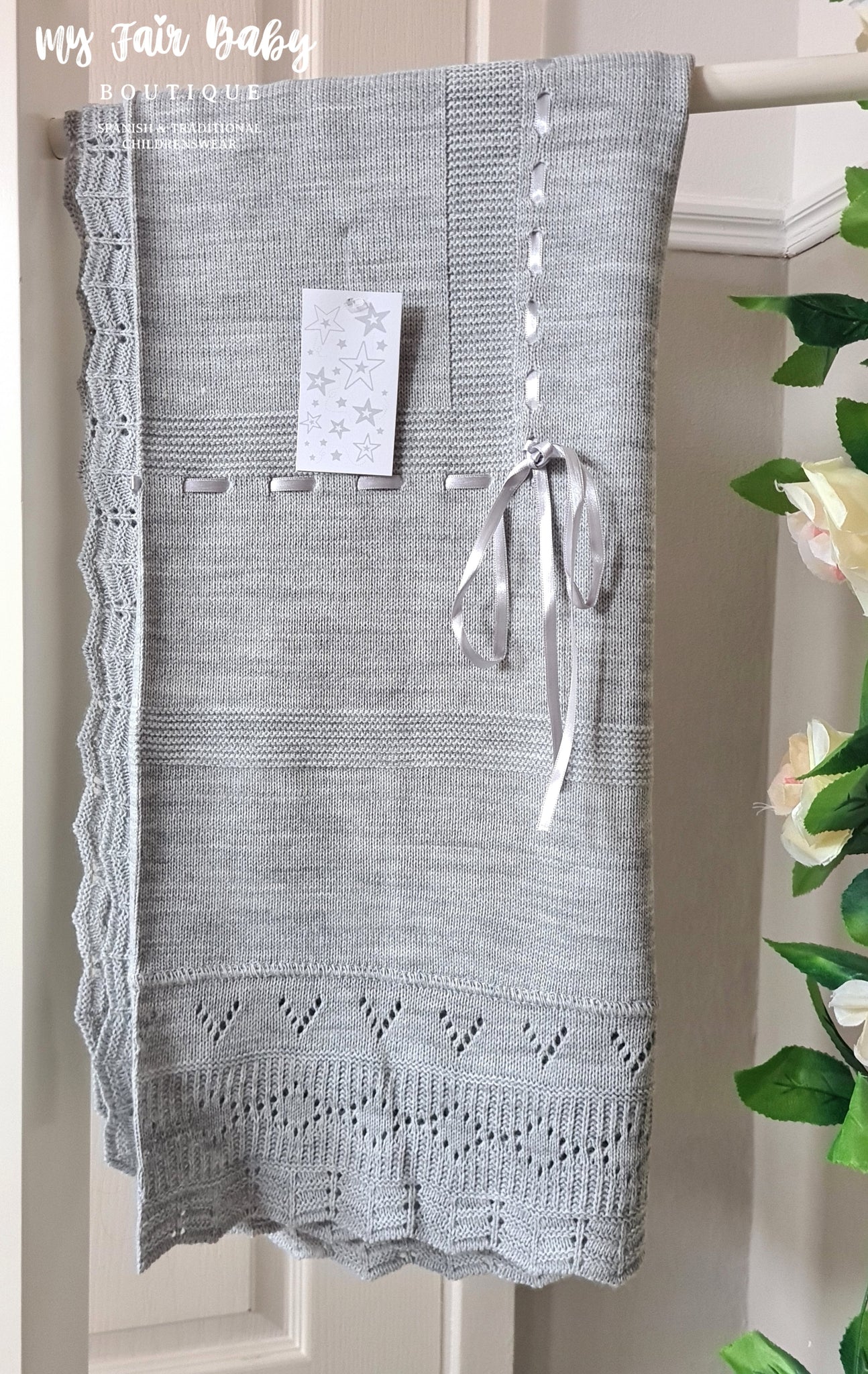 Spanish Unisex Baby Grey Ribbon Slot Shawl / Blanket