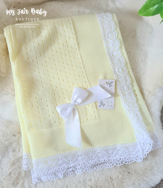 Spanish Unisex Baby Lemon & White Lace & Bow Shawl / Blanket