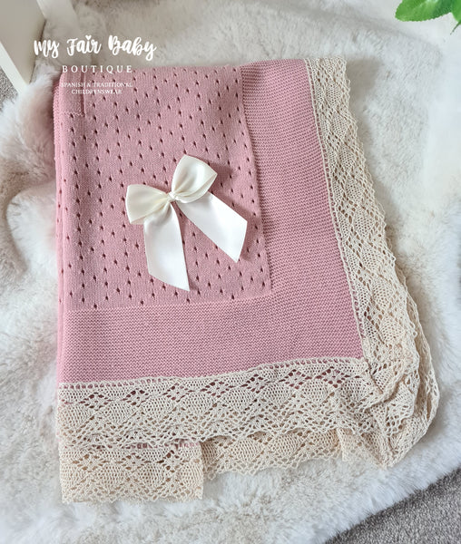 Spanish Baby Girls Dusky Pink Lace & Bow Shawl / Blanket