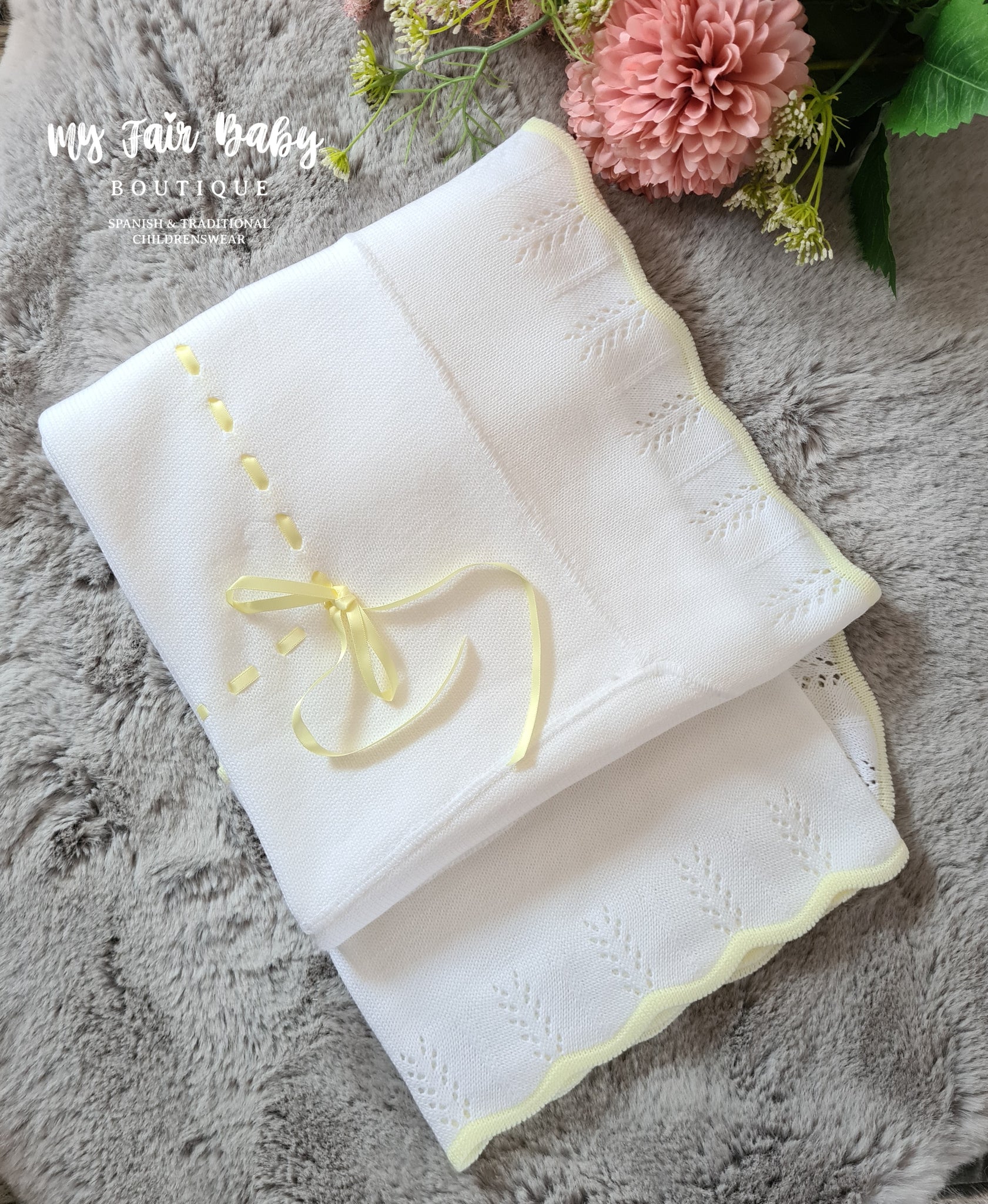 Spanish Style Unisex Baby White & Lemon Ribbon Slot Shawl / Blanket