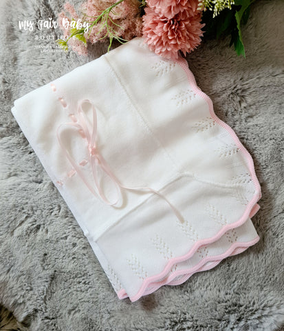 Spanish Style Baby Girls White & Pink Ribbon Slot Shawl / Blanket