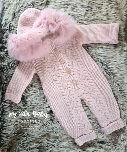 Spanish Baby Girls Pale Pink Merino Wool Luxury Knitted Snowsuit