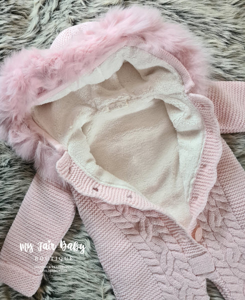 Spanish Baby Girls Pale Pink Merino Wool Luxury Knitted Snowsuit