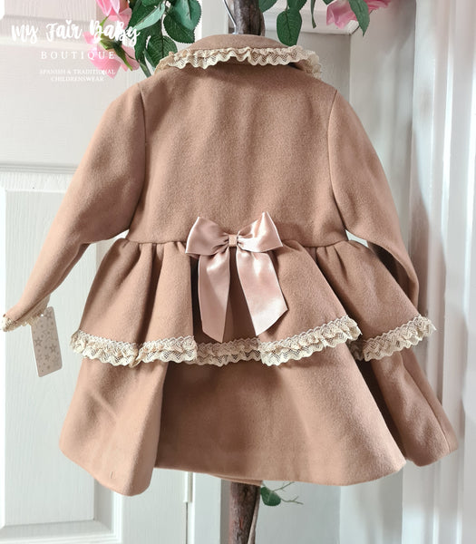 Traditional Spanish Baby Girls Camel Lace Trimmed Bow Coat C99 - 6-24m