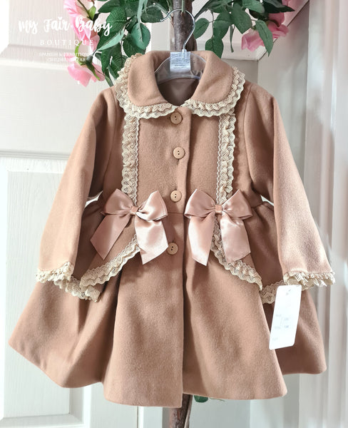 Traditional Spanish Baby Girls Camel Lace Trimmed Bow Coat C99 6 24m My Fair Baby Boutique