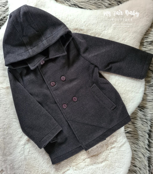 Traditional Baby Boys Charcoal Grey Hooded Winter Coat My Fair Baby Boutique