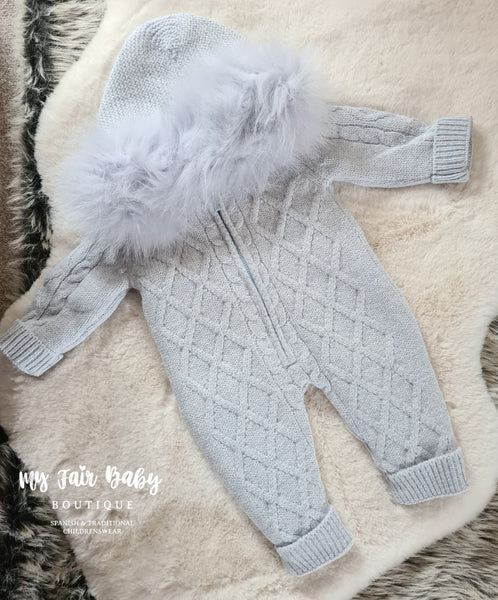 Spanish Baby Boys Blue Chalk Merino Wool Luxury Knitted Snowsuit