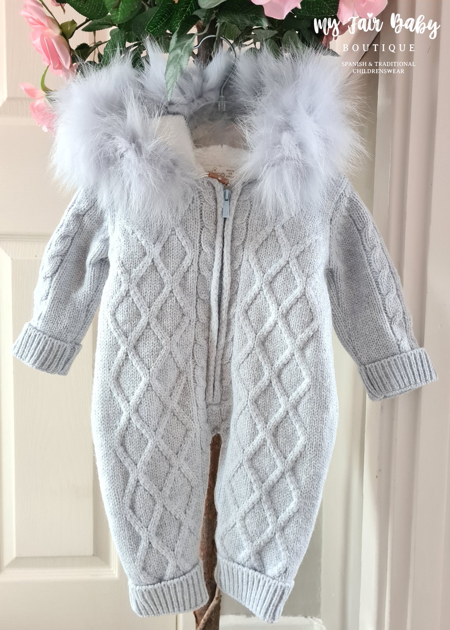 Spanish Baby Boys Blue Chalk Merino Wool Luxury Knitted Snowsuit