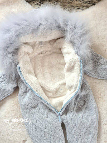 Spanish Baby Boys Blue Chalk Merino Wool Luxury Knitted Snowsuit