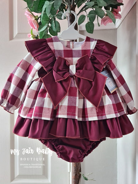 Ceyber AW24 Spanish Baby Girls Burgundy Check Dress ZA3110